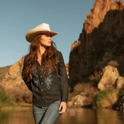 Embroidered Dark Denim Snap Front Blouse-Stetson Discount