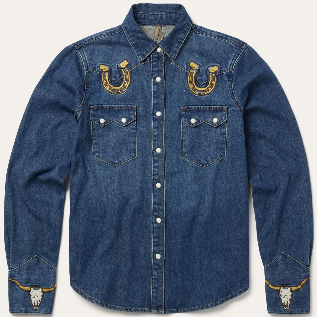 Embroidered Dark Denim Western Shirt-Stetson New