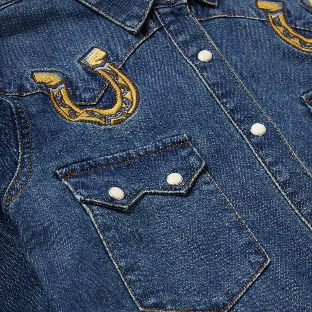Embroidered Dark Denim Western Shirt-Stetson New