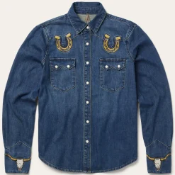 Embroidered Dark Denim Western Shirt-Stetson