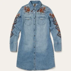 Floral Embroidered Denim Shirt Dress-Stetson Discount