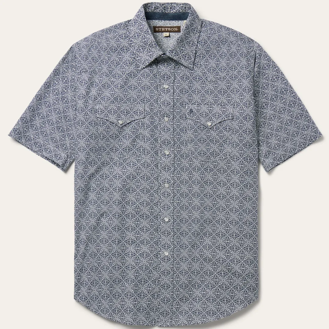 Navy Print Short Sleeve Western Shirt-Stetson Discount