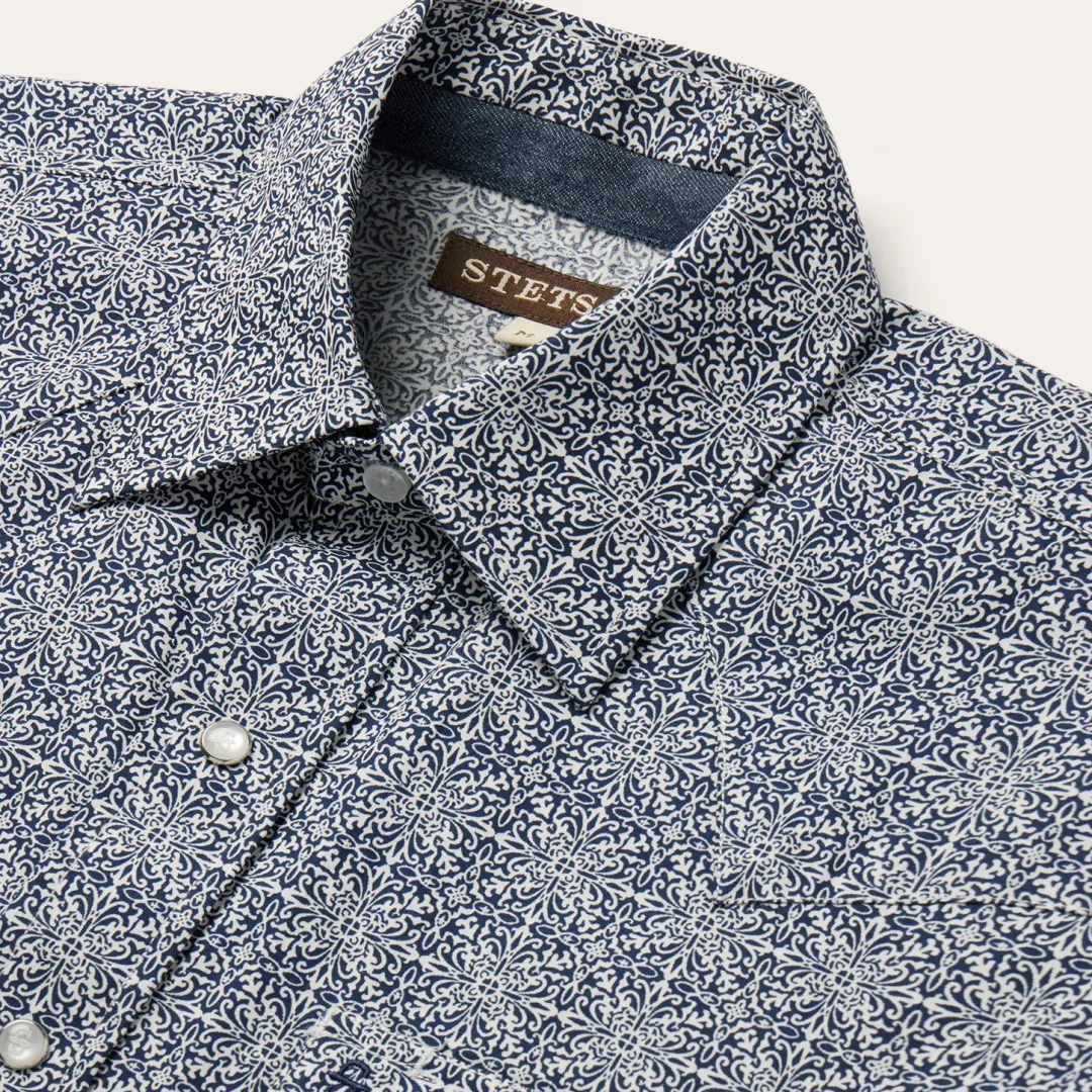 Navy Print Short Sleeve Western Shirt-Stetson Discount
