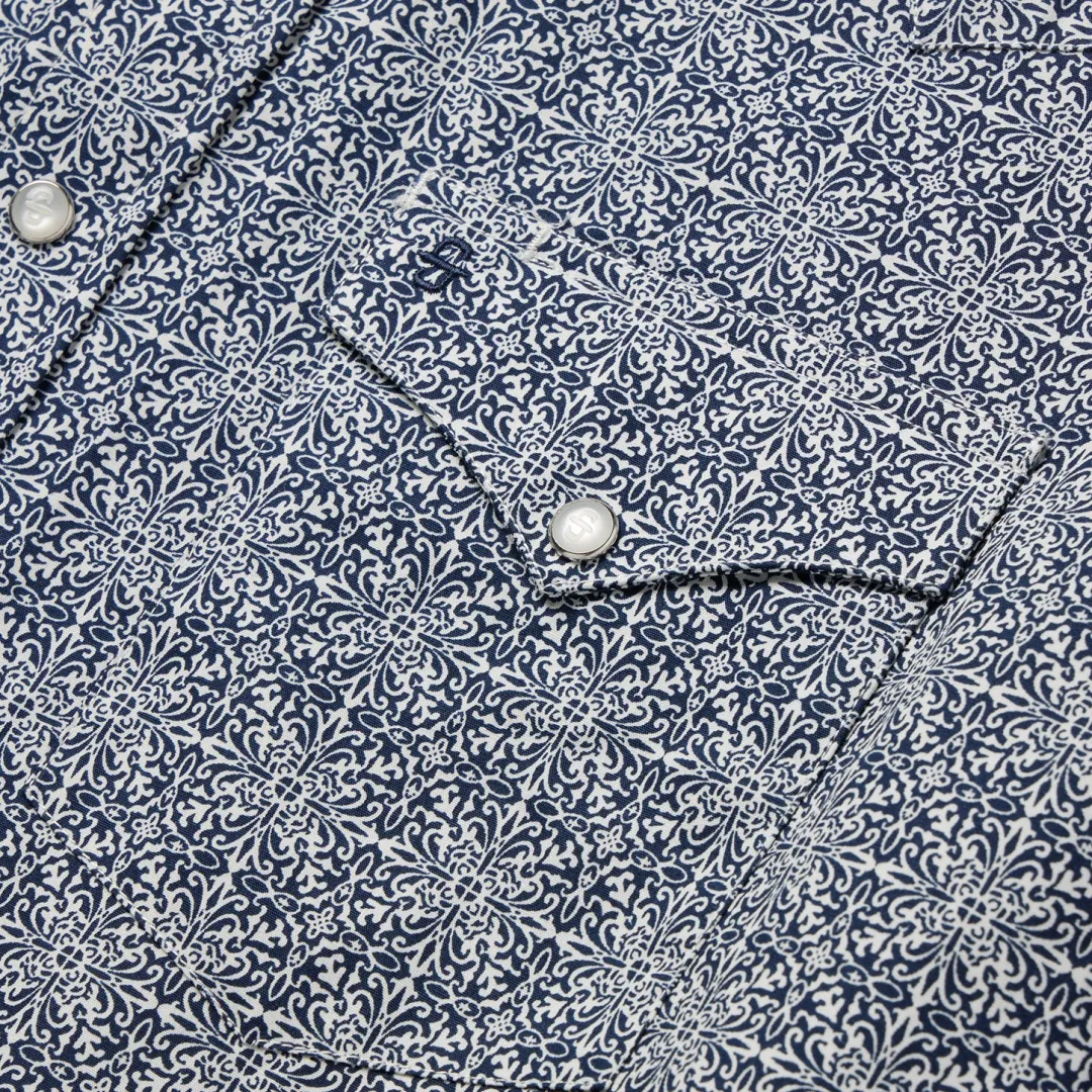 Navy Print Short Sleeve Western Shirt-Stetson Discount