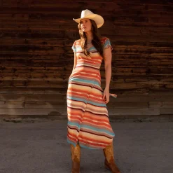 Sunset Serape Print Rayon Herringbone Wrap Front Dress-Stetson Sale