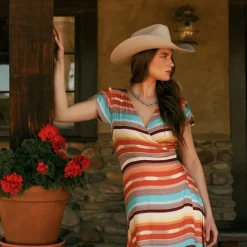 Sunset Serape Print Rayon Herringbone Wrap Front Dress-Stetson Sale